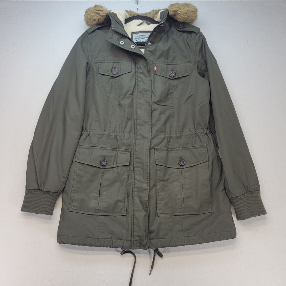 Levi's Field Parka Jacket Mens Medium Olive Green Sherpa Lined Faux Fur Hood